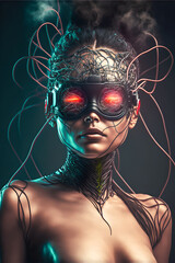 A cyborg woman with wires from her torso. Generative AI