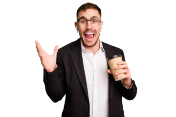 Young business caucasian man drinking a coffee isolated cutout receiving a pleasant surprise, excited and raising hands.