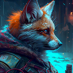 The character is a fox in the cyberpunk style in winter. Generative AI
