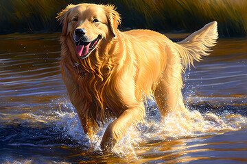 A Hovawart dog running on water. Generative AI