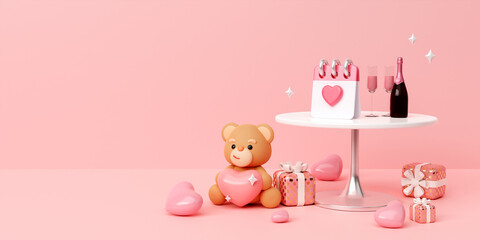 Happy valentine teddy bear holding pink hearts, anniversary, romantic gift, 3d render Illustration