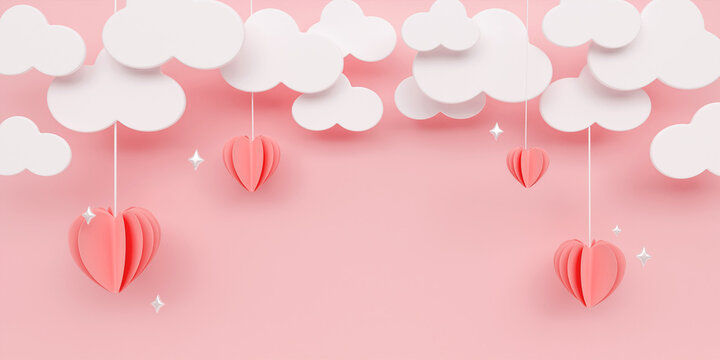 Poster or banner with pink pastel sky and paper cut clouds. Copy space for text. Happy Valentine's day sale header or voucher template with hanging hearts. 3D render illustration