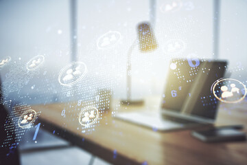 Double exposure of social network icons concept with world map and modern laptop on background. Marketing and promotion concept