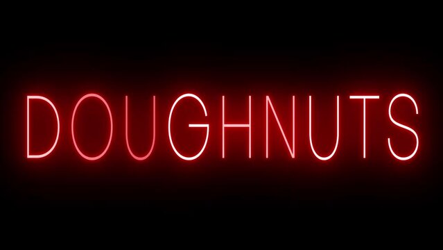 Retro red neon sign against a black wall with DOUGHNUT