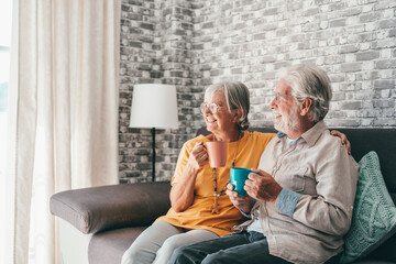 Happy mature 50s husband and wife sit rest on comfortable sofa in living room enjoy tea talking,...