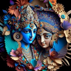 Mystical colorful radha krishna - obrazy, fototapety, plakaty