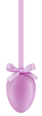 happy Easter decoration egg with shiny ribbon bow in pastel light purple color, hanging on transparent background. Template for label, gift greeting card, promotional banner or ticket price