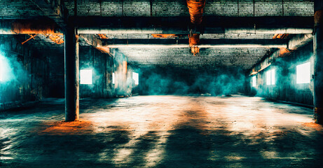 view of orphaned underground industrial like garage with to pillars and concrete walls with bright shining windows smoke and dust in the air orange teal lightning, generative AI - obrazy, fototapety, plakaty