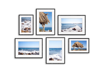 Black frames collage isolated on white, straw umbrellas and sea view, interior design decor
