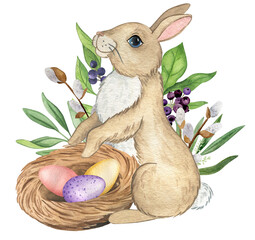 Spring watercolor illustration with Easter bunny