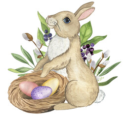 Spring watercolor illustration with Easter bunny