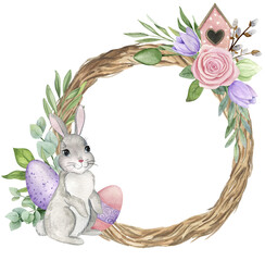 Watercolor wreath with easter bunny and flowers