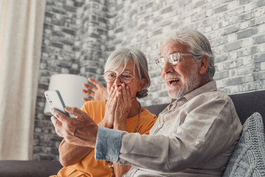 Happy older couple sit on couch staring at cellphone screen gesturing looking overjoyed, scream with joy, read fantastic news, get great commercial offer, pension raise. Success, achievement concept.