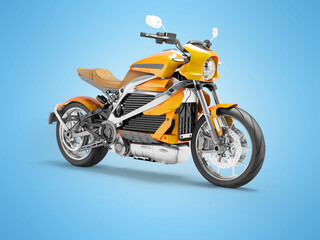 3d illustration of orange electric sports motorcycle on blue background with shadow