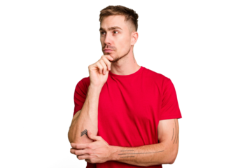 Young caucasian man cut out isolated looking sideways with doubtful and skeptical expression.