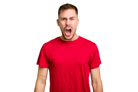 Young caucasian man cut out isolated shouting very angry, rage concept, frustrated. - Powered by Adobe