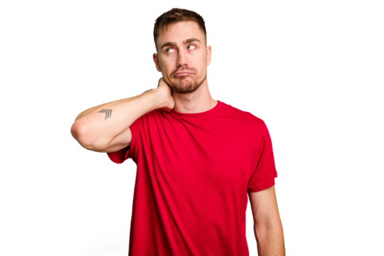 Young caucasian man cut out isolated touching back of head, thinking and making a choice.