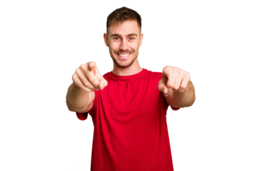 Young caucasian man cut out isolated cheerful smiles pointing to front.