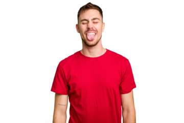 Young caucasian man cut out isolated funny and friendly sticking out tongue.
