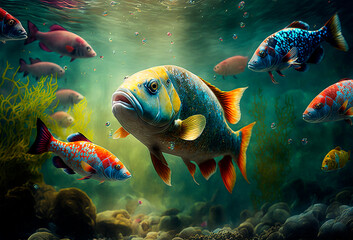 colorful Underwater shot in the sea of fish, generative ai