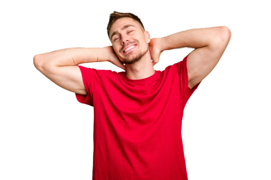 Young caucasian man cut out isolated stretching arms, relaxed position.