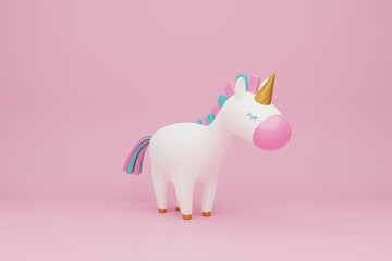 3d rendering illustration with cute unicorn on light pink background © Vika art