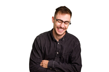 Obraz premium Young caucasian man cut out isolated laughing and having fun.