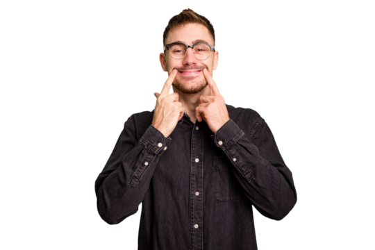 Young caucasian man cut out isolated doubting between two options.