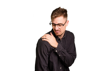 Young caucasian man cut out isolated having a shoulder pain.
