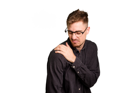 Young caucasian man cut out isolated having a shoulder pain.