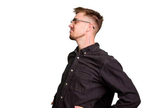 Young caucasian man cut out isolated suffering a back pain.