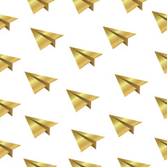 Vector golden paper planes seamless pattern on black background. Fortuna Gold color of realistic flying paper planes on black. Vector seamless pattern background. Target, aim, purpose, development.