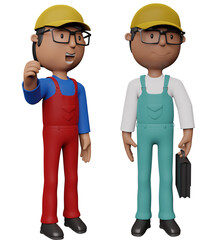 Cartoon character manual man worker skilled wear safety dungarees is gesture and another person holding briefcase on white background. 3d render illustration.
