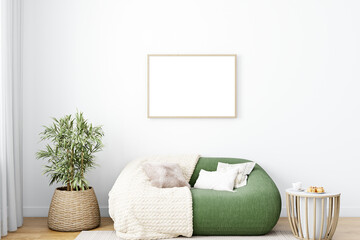 Mockup interior of a room and horizontal frame mockup series A, green sofa, 3D render