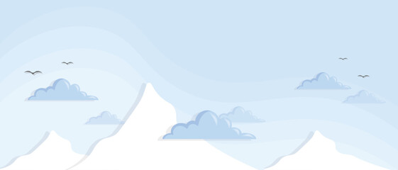 Fototapeta premium Vector Mountains and clouds in blue sky vector template. Paper Cut style in cloudy sky landing web or banner template for multiple uses creative design. Creative blue color sky and clouds