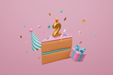Festive background. Pastel pink and blue cake and gift boxes on light pink background. 3D rendering	
