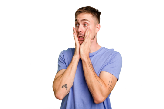 Young caucasian man cut out isolated scared and afraid.