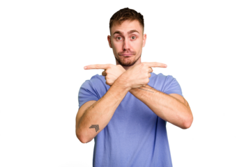 Young caucasian man cut out isolated points sideways, is trying to choose between two options.