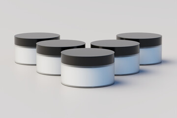 Black and White Plastic Cosmetic. Multiple Jars Mockup. 3D Rendering