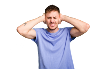Young caucasian man cut out isolated covering ears with hands.