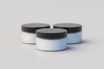 Black and White Plastic Cosmetic. Multiple Jars Mockup. 3D Rendering