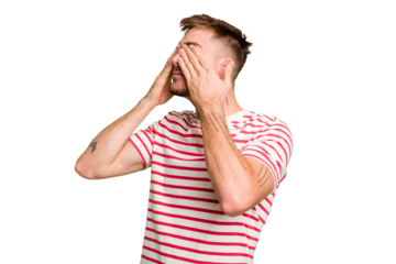 Young caucasian man cut out isolated afraid covering eyes with hands.
