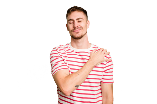 Young caucasian man cut out isolated having a shoulder pain.