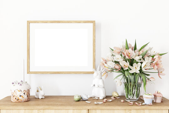 Mockup wood frame with flowers