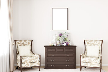 Mockup poster antique furniture in a living room