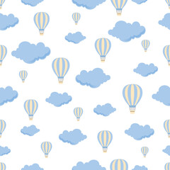 Vector Blue Color hot air balloons pattern in cloudy sky. Repeatable and printable wallpaper design. Transportation Concept Seamless Pattern Design for Printing or Website. Balloons Texture.
