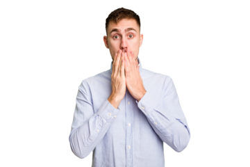 Young caucasian man cut out isolated shocked covering mouth with hands.