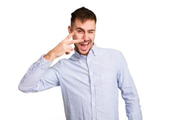 Young caucasian man cut out isolated dancing and having fun.