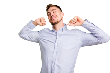 Young caucasian man cut out isolated stretching arms, relaxed position.