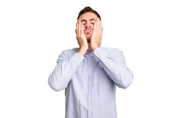 Young caucasian man cut out isolated whining and crying disconsolately.